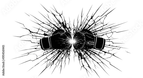 Boxing Gloves Clashing with Shattered Glass Effect Silhouette