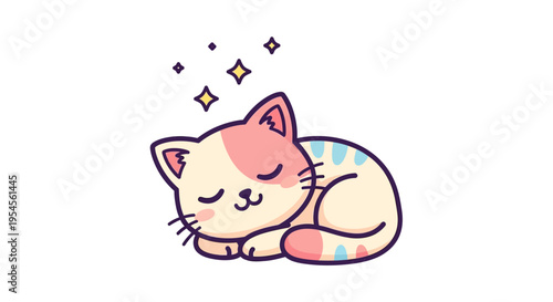 Adorable illustration of a sleeping cat with stars above its head, conveying peace and tranquility