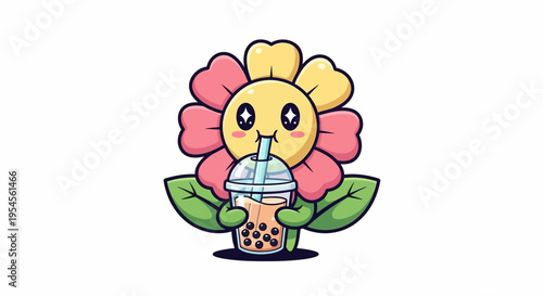 Sweet and charming cartoon flower illustration joyfully sipping a refreshing bubble tea with a straw, a delightful graphic representing fun and happiness
