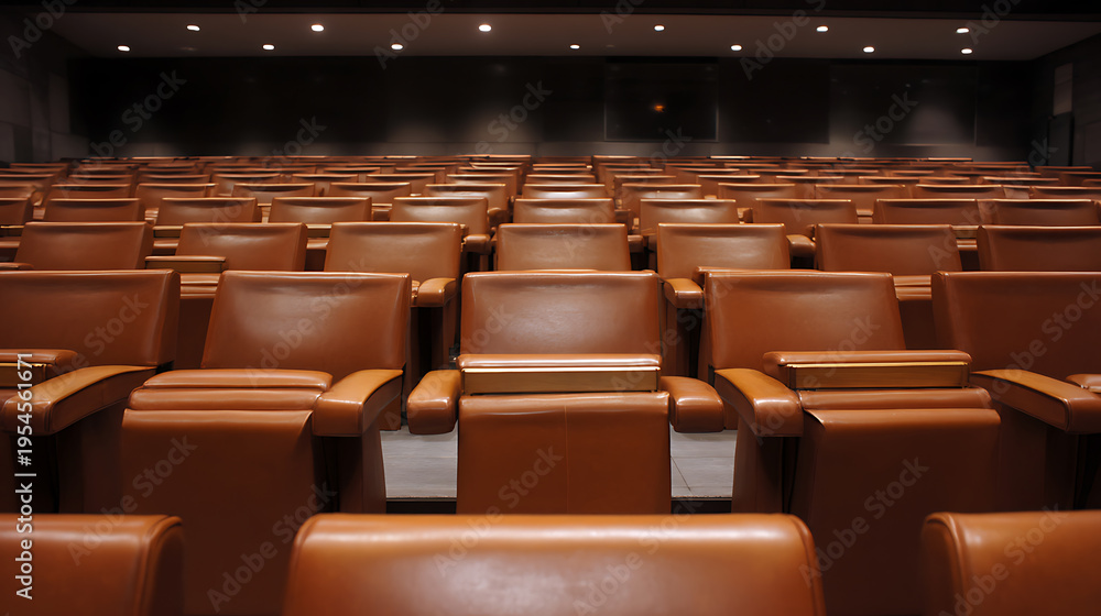 Fototapeta premium Rows of empty tan leather auditorium chairs in a quiet, modern conference hall ready for a presentation or large gathering event