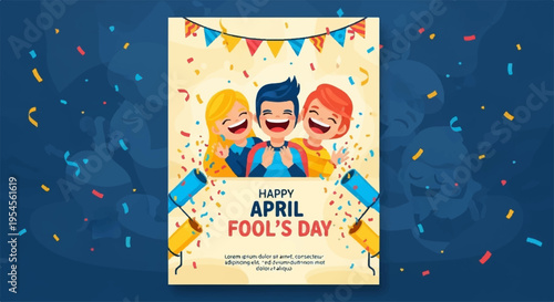 Happy april fool's day banner with cartoon characters and colorful confetti on dark blue background