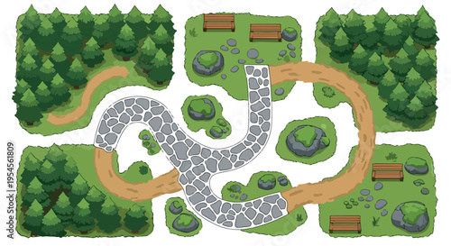 Top-down game map assets, modular forest environment tiles with stone paths and dirt roads, green park landscape vector elements for level design isolated PNG with Transparent Background