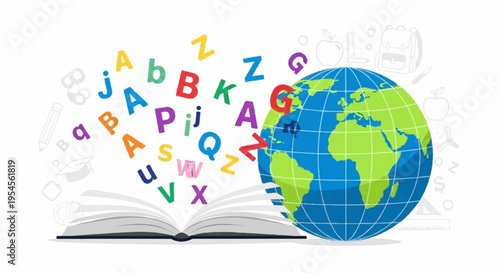 Globe on open book with colorful alphabet letters flying out symbolizing global education and learning literacy concept