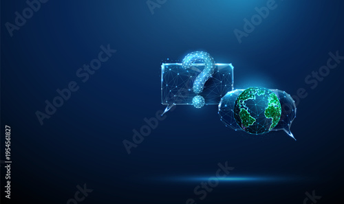 3d blue two speech bubbles with question mark and planet Earth. Global inquiry, international communication, worldwide interaction, digital networking support concept
