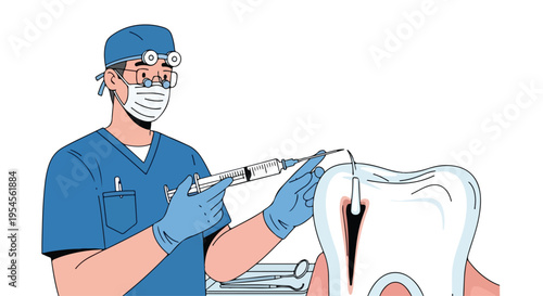 Dentist in blue scrubs and mask injecting anesthesia into a tooth model with a dental syringe in a clinical setting.