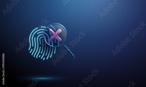 3d blue fingerprint under magnifying glass with red cross mark inside. Biometric verification failure, identity mismatch, authentication error, access denial concept.