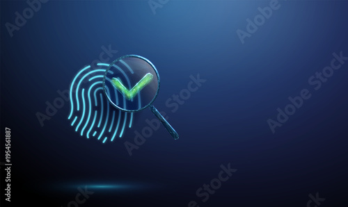 3d fingerprint under magnifying glass with green check mark inside. Biometric verification success, identity confirmation, completed scan process, positive security check concept
