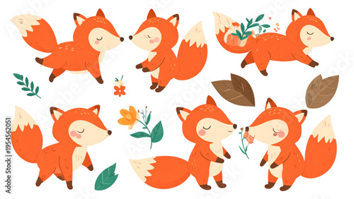 Cute Red Fox Character Set in Various Poses Running Sleeping Sitting and Smelling Flower Cartoon Animal Vector Illustration Isolated on White
