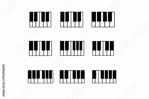 Nine piano key variations on white background