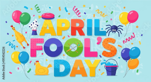 Colorful april fool's day celebration background with confetti and balloons