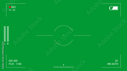 Camera HUD interface with recording indicators, audio meters, exposure scale, focus status, horizon level and technical UI elements on green background. Professional vector graphic layout for video pr