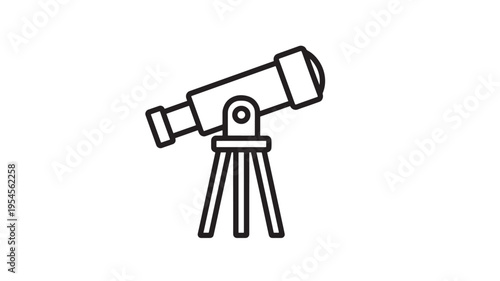 Telescope icon with tripod, representing astronomical observation and scientific exploration in a simple, clean line art style.