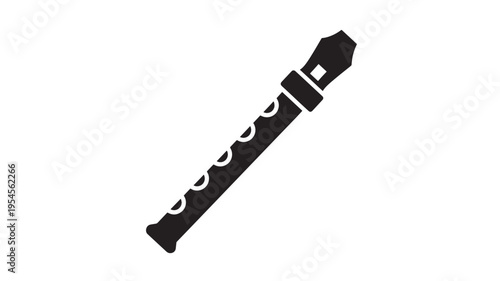 Recorder musical instrument with finger holes and a mouthpiece in a black silhouette against a white background for icon use.