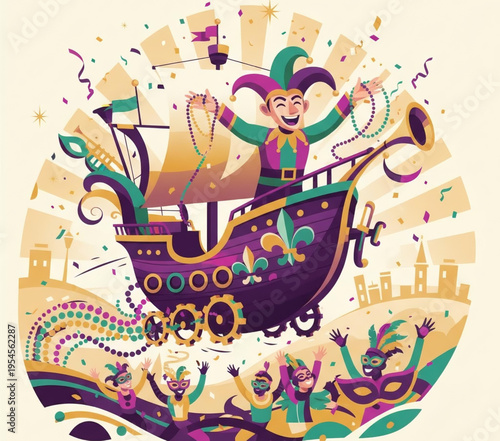 Festive Mardi Gras parade featuring a jester in a float with confetti and revelers enjoying the celebration