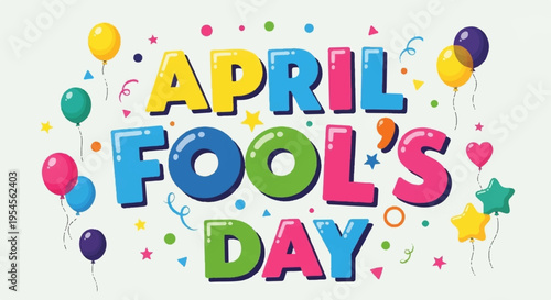 Colorful april fool's day celebration with balloons and confetti on light background
