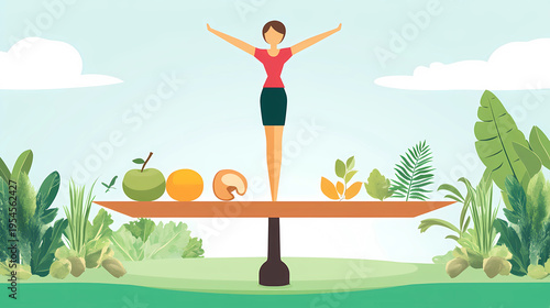 Woman balancing on a scale with healthy food in a vibrant nature background
