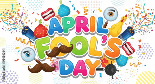 Colorful april fool's day celebration graphic with confetti and prank items