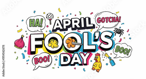 Colorful april fool's day graphic with speech bubbles and confetti on white background