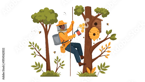 Beekeeper and Beehive in Nature: An illustration depicts a beekeeper tending to a bee hive in a tree.