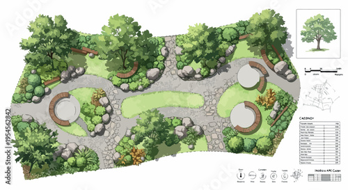 Landscape design master plan vector, architectural garden site layout with stone paths and trees, professional park landscaping blueprint isolated PNG with Transparent Background