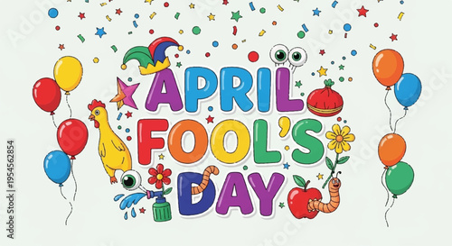 Colorful april fool's day celebration with balloons and confetti on white background