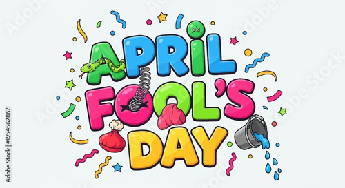 Vibrant april fool's day celebration text with colorful confetti and stars on white background
