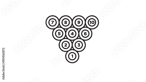 Billiard balls numbered 1 through 10 arranged in a triangular formation, presented as a simple black outline graphic.
