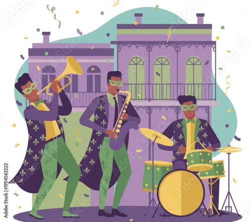 Lively jazz ensemble performs joyful music during a vibrant street festival, complete with colorful costumes, festive masks, and shimmering confetti against a charming cityscape backdrop