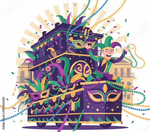 Vibrant Mardi Gras float with mask and beads, celebrating with a jester, New Orleans festival illustration