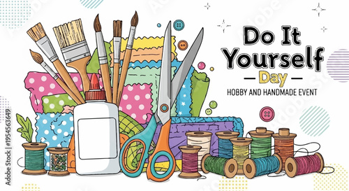 Colorful diy crafting tools and supplies with paintbrushes scissors threads and fabrics on a white background with 'do it yourself' text