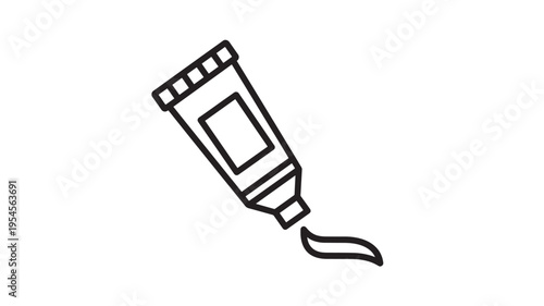 Tube of toothpaste icon with squeezed paste on a white background, simple black line art illustration.
