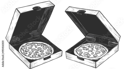 Two monochrome pizza boxes, each containing a pizza, presented on a white background. Hand-drawn