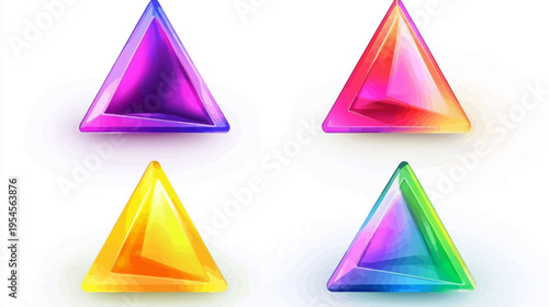 Four colorful, translucent triangular shapes rendered in vibrant hues against a white background
