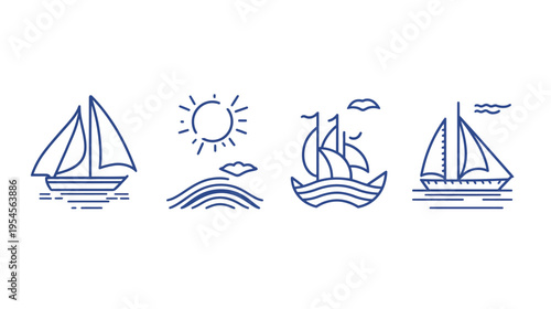 Four stylized vector illustrations of sailboats, sun, waves, and clouds in blue on a white background