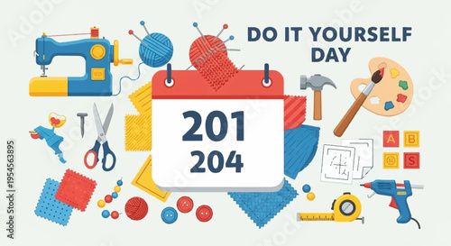 Colorful diy tools and household items for home improvement and crafting on a calendar page