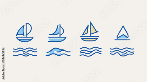 Stylized illustrations of sailboats with variations in sail shape and wave patterns. Set against a beige background