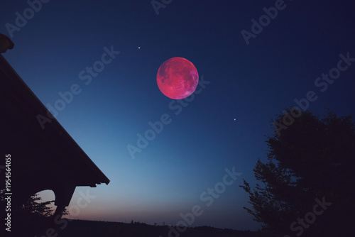Lunar eclipse, stars and planets above landscape silhouettes.