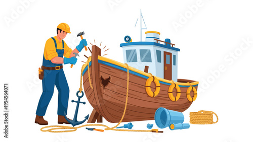 The Carpenter of the Sea: A skilled carpenter meticulously repairs a classic wooden boat, ensuring its seaworthiness and longevity.