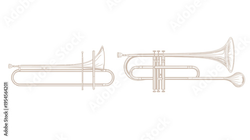 Vector illustration of a trombone and a trumpet, outlined in a neutral color against a white backdrop