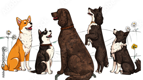 Adorable Hand Drawn Dog Breeds Character Set Featuring Corgi Shiba Inu Husky French Bulldog Poodle and Border Collie in Cute Poses