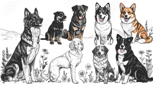 Adorable Hand Drawn Dog Breeds Character Set Featuring Corgi Shiba Inu Husky French Bulldog Poodle and Border Collie in Cute Poses