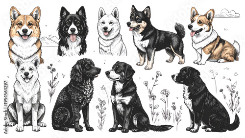 Adorable Hand Drawn Dog Breeds Character Set Featuring Corgi Shiba Inu Husky French Bulldog Poodle and Border Collie in Cute Poses