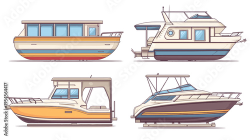 Four cartoon-style depictions of different watercraft, featuring a variety of boat designs
