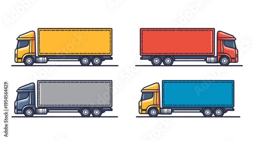 Four colorful semi-truck illustrations with different colored cabs and trailer containers, side view