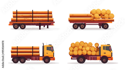 A cartoon illustration displaying four different vehicles hauling lumber logs for the timber industry
