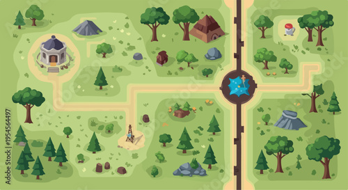 Isometric fantasy game map vector, stylized forest landscape with paths and buildings, green meadow world map for mobile gaming UI isolated PNG with Transparent Background