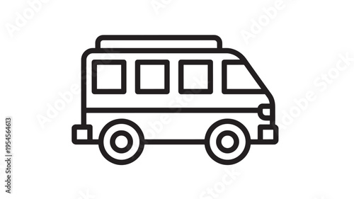 Van outlined icon with four windows and two wheels, symbolizing transportation and travel services. featuring outline, vehicle, bus with minibus and