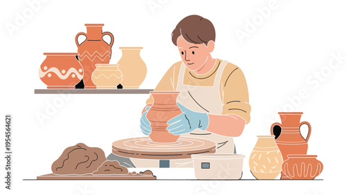 Potter at Work: Witness the focused concentration of a skilled potter as they mold clay into a beautiful vase, surrounded by their handcrafted creations.