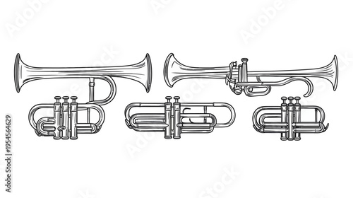Line art of three different brass instruments. Detailed illustration of wind instruments