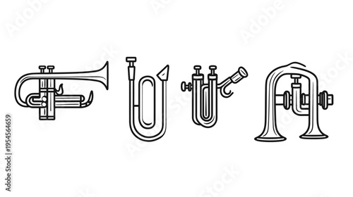 Black and white illustration of four brass instruments trumpet, bugle, another trumpet, and a tuba